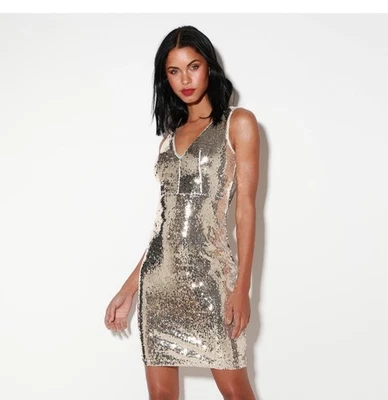 Nuevo Vestido Lulu's Metalizado Dorado Lentejuelas Cuello en V Cóctel Midi Talla M Foto 1 de 4