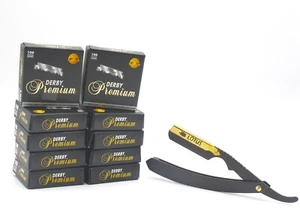 1000 Derby Premium Single Edge Razor Blades+LOTUS Black Straight Metal Razor - Picture 1 of 2