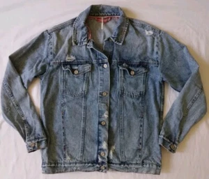 Free People Denim Jacket Trucker Grunge Distress Oversize 90s Womens Size Small  - Picture 1 of 11