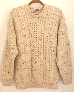 CARRAIG DONN Men's Wool Cable Knit Oatmeal Fisherman Pullover Sweater L IRELAND