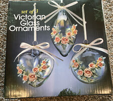 Vtg Victorian Floral Clear Glass Ornaments Set of 3 Teardrop Heart Round Ribbon