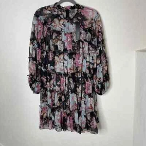 BEULAH NWT Floral Midi Long Sleeve Sheer Dress Ruffled Flowy Size L Black Pink - Picture 1 of 10