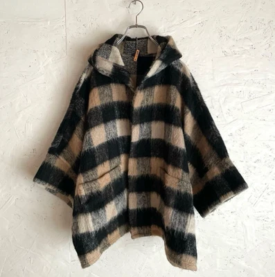 ICHI / ICHI Antiquites Mezcla de Lana Shaggy Hooted Abrigo a Cuadros Beige Ne... - Imagen 1 de 4