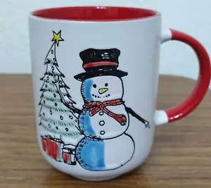 Happy Snowman Christmas Coffee Mug Red Interior - Picture 1 of 6