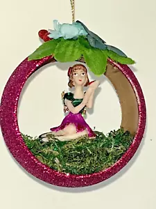 Vintage Christmas Garden Fairy Diorama Ornament Pink Glitter 3.5" A01468 - Picture 1 of 5