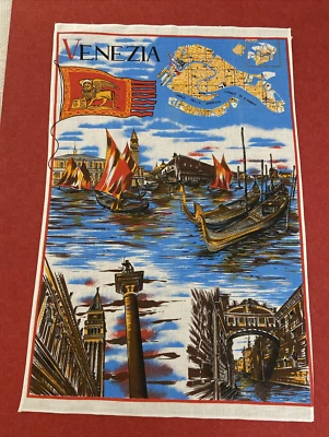 Vintage Linen & Cotton Tea Towel w Venezia Pattern Venice Italy Kitchen Art Gift - Image 1 of 4