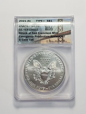 KEY DATE  American 2021 (S) Type 1 Silver Eagle Dollar Coin ANACS Certified MS70 - Image 1 of 3