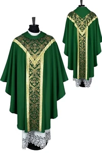 CHASUBLE plain Green with Brocade fabric orphrey SEMI Gothic  vestment cowl neck - Picture 1 of 5