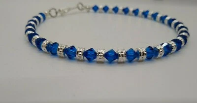 Tornozeleira/pulseira feita à mão de cristal Swarovski Capri azul bicone e prata com miçangas  - Imagem 1 de 2