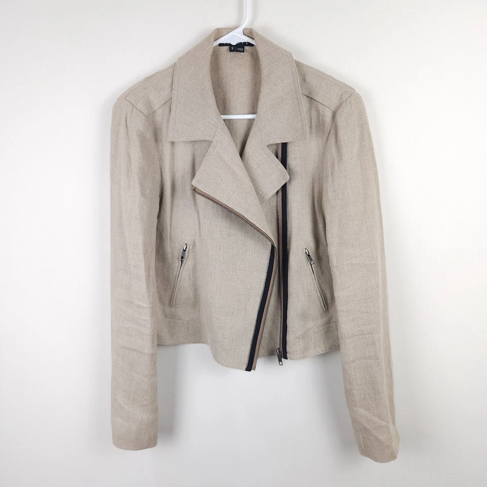 Theory Jacket Womens Large Beige Full Zip Linen Collared Pockets Long Sleeve - Image 1 of 4