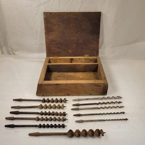 Vintage 11pc auger bit set for bit brace / hand drill ~ with wood case - Picture 1 of 5