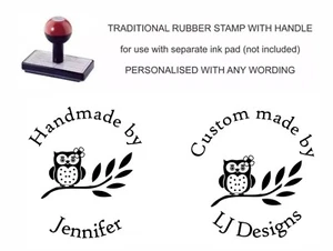 PERSONALISED HANDMADE BY OWL RUBBER STAMP, CRAFTS, CARDS, BESPOKE NAME STAMP - Picture 1 of 4