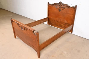 Antique Victorian Carved Oak Full Size Bed, Circa 1890s - Picture 1 of 11