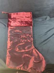 ELEGANT BURGUNDY VELVET CHRISTMAS STOCKING W Stitched Ribbon Design Unique Rare - Picture 1 of 8
