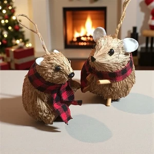 Pair Of 2 Sisal Bottle Brush Field Mouses Christmas Ornaments - Picture 1 of 2