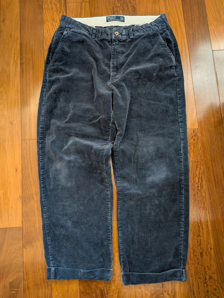 Vintage Polo Ralph Lauren 32x27 Wide Wale Corduroy Navy Blue Pants Cuffed Baggy - Image 1 of 4