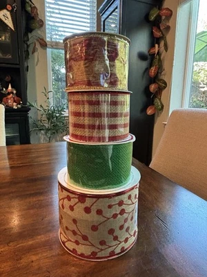 NEW Lot Of 4 Xmas Ribbon Burlap, Metallic, Fabric W/Glitter 4” W 2 1/2” W  - Image 1 of 4