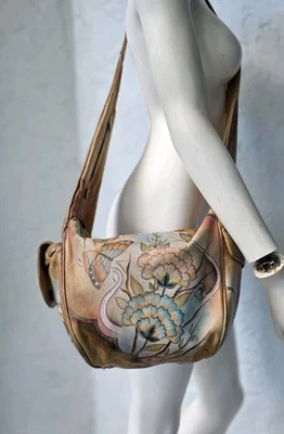 ANNA ANUSCHKA Hand-painted Leather Floral Butterfly Hobo Shoulder Crossbody READ - Image 1 of 4