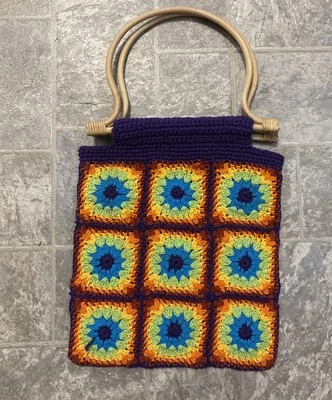 Vintage Boho Crochet Granny Square Bambo Handle Purse Hippy Patchwork Knit Bag - Image 1 of 4