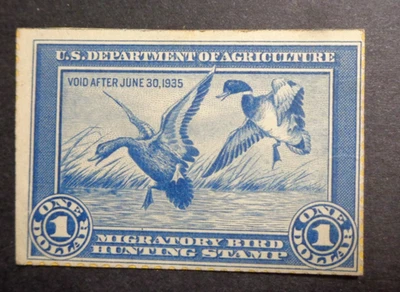 1934 1er sello federal de caza de pato, RW1, ÁNADES REALES EN VUELO, CON LICENCIA Foto 1 de 2