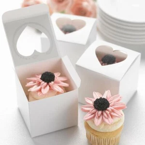 50x Clear Heart Window White Wedding Favor Boxes Give Away Mini Cupcake Gift Box - Picture 1 of 4