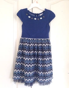 New Sweet Heart Rose Girl Blue Chevron Jewel Neckline Tulle Trim Dress 4 5 6 6X - Picture 1 of 7