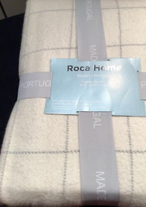 Roca Home QUEEN Blanket 90x90 Off White & Grey thin plaid Portugal Cotton Blend - Picture 1 of 6