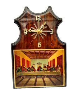 Vintage Kitch MCM 3D Effect Last Supper Glossy Wood/Brass Wall Clock  Working - Picture 1 of 12