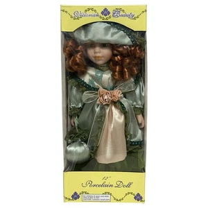 NIB Victorian Beauty Porcelain Doll 12" Curly Red Hair Purse Satin Lace w/ Stand - Picture 1 of 9