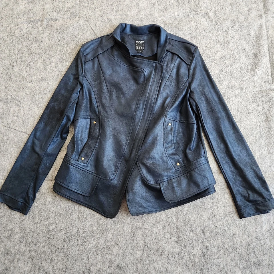 Chaqueta Clara Sun Woo Cuero Líquido Vegano Moto Cremallera Para Mujer L Azul Marino Dorado Gótico Foto 1 de 4