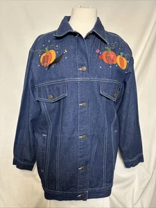 Vintage Quacker Factory Denim Jacket Womens 2X Blue Pumpkin Fall Embroidered - Picture 1 of 9