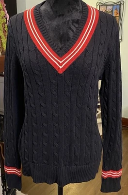 Mujeres Lauren Ralph Lauren Active Cuello en V Cable Suéter Negro Rojo Blanco Rayas XL Foto 1 de 4