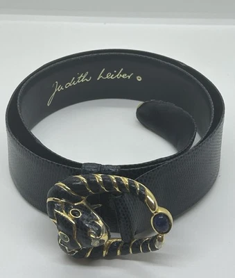 RARO CINTO DE JOIAS JUDITH LEIBER CABEÇA DE CARNEIRO AZUL MARINHO PELE DE COBRA VINTAGE DÉCADA DE 1980 L - Imagem 1 de 4