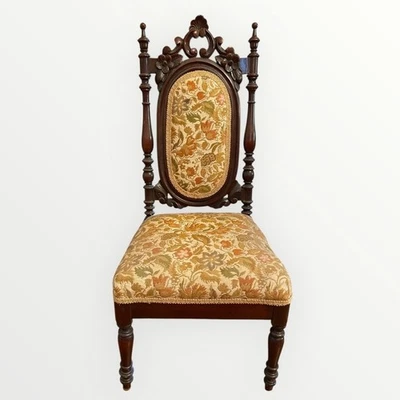 Asiento infantil floral tela tapiz caoba renacimiento victoriano renacimiento años 1870 Foto 1 de 4