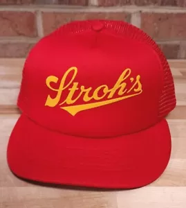 Strohs Beer Snapback Red Hat Cap Trucker Puff Print Logo Vintage - Picture 1 of 6