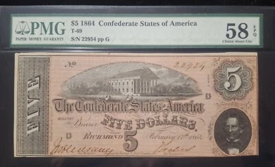 1864 T-69 $5 Confederate States of America PMG Choice AU 58 EPQ S/N 22954 pp G - Image 1 of 2