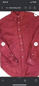 Vintage Ralph Lauren Ziegelrot Leinen Knopfleiste Hemd Kragen Pony Logo Herren L - Bild 1 von 4