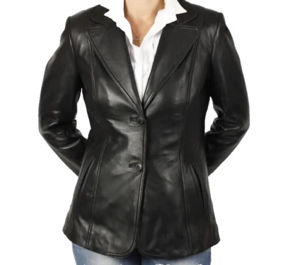 Womens Genuine Leather Black Lambskin Classic Premium Leather Blazer Coat Jacket - Image 1 of 4