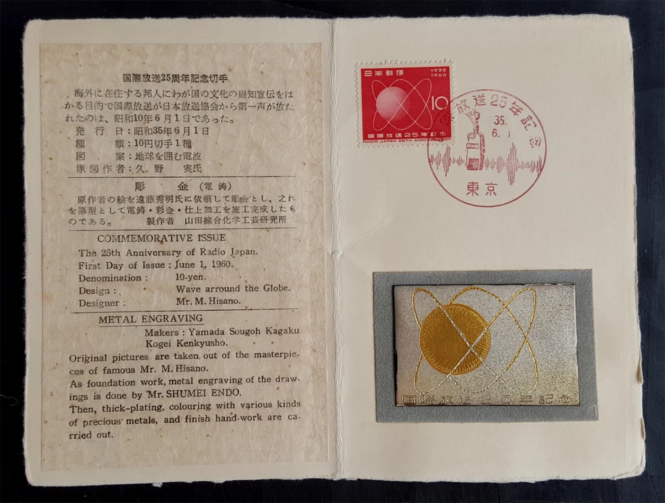Japan 1960 RADIO JAPAN Anniv.  presentation folder w/METAL ENGRAVING - Image 1 of 1