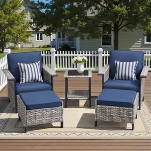 5Pcs Rattan Wicker Garden Patio Furniture Set w/ Cushioned Chairs&Glass Table - Picture 1 of 10