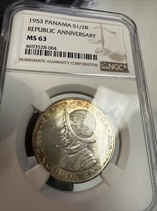 🇵🇦Toned 1953 Panama Silver Cincuentenario 1/2 Balboa - NGC MS 63 - Picture 1 of 8