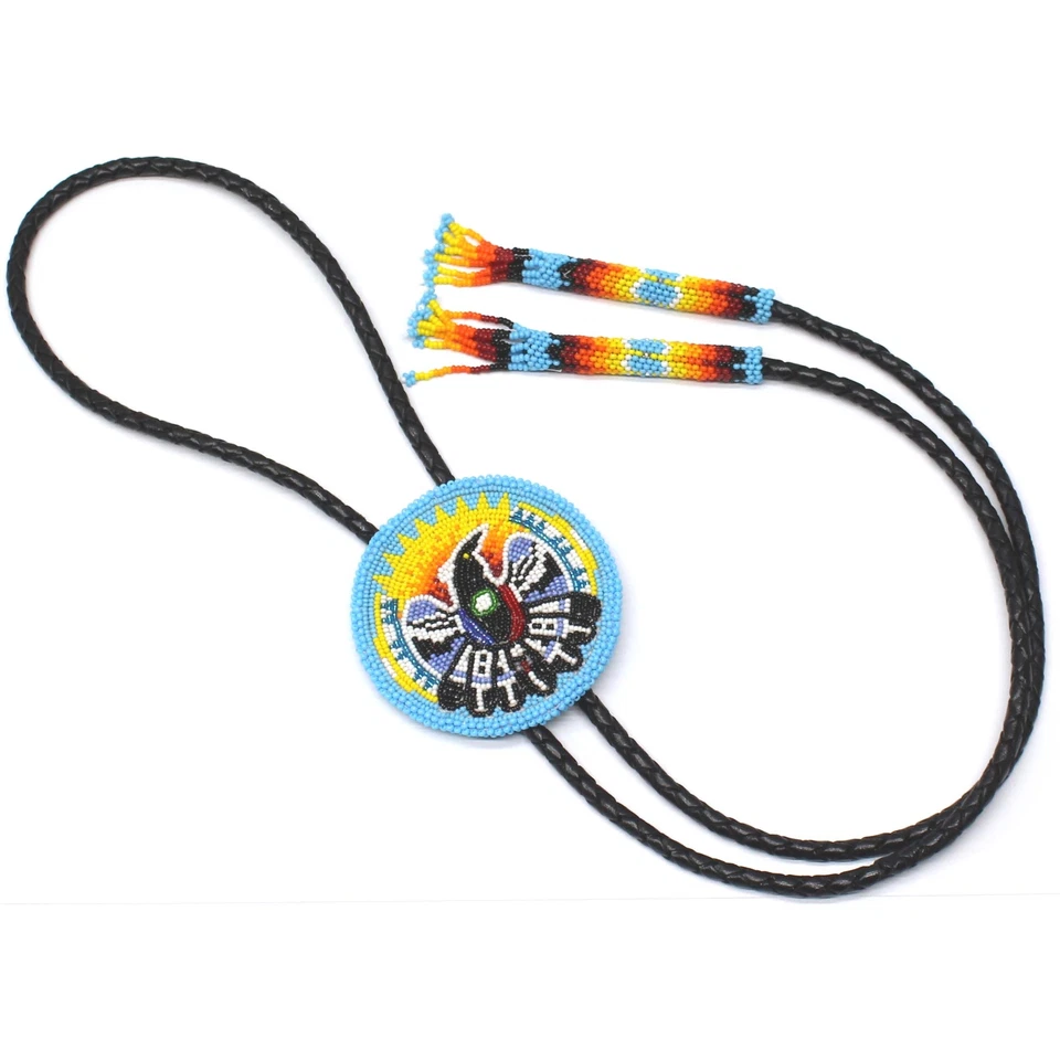 Corbata Bolo Águila Azul Cian Cuentas Hecha a Mano Cuero Negro Foto 1 de 1