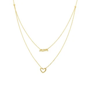 14K Solid Yellow Gold 0.80mm Script MOM and Open Heart Duet Necklace 2.44 grams - Picture 1 of 5