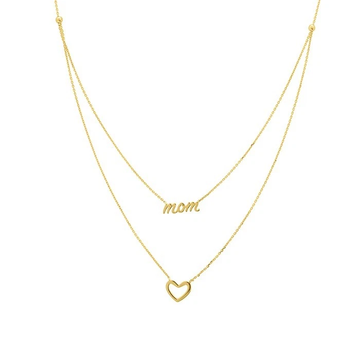 14K Solid Yellow Gold 0.80mm Script MOM and Open Heart Duet Necklace 2.44 grams - Image 1 of 4