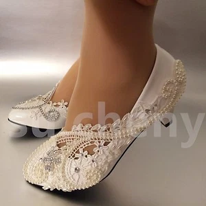 su.cheny 2” White ivory pearls lace crystal Wedding shoes Bridal women size 5-12 - Picture 1 of 17