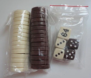 BACKGAMMON Checkers Chips Total 30 Brown & White Ivory + 4 Dice & Doubling Cube - Picture 1 of 1