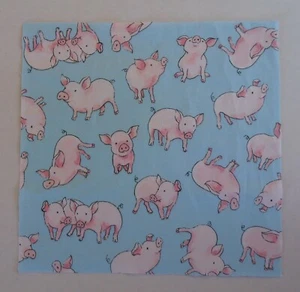 Pink Pigs on Blue Background Fabric Cotton 1 Square of 10" x 10 1/8" - Picture 1 of 2