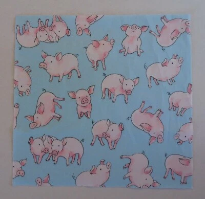 Pink Pigs on Blue Background Fabric Cotton 1 Square of 10" x 10 1/8" - Image 1 of 2