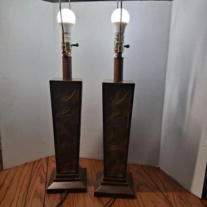 This Pair Of Metal Table Lamps Has A Metal Leaf Plated Design - Picture 1 of 24