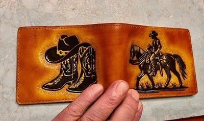 Men’s  Hand Carved  Cowboy And Boots Wallet. By Bonfe Leather. - Image 1 of 4
